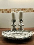 Srebrna patera + 2 świeczniki ze swiecami na święta mikołajki kosz wiklina