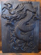 Płaskorzeźba czarny smok, obraz motyw azjatycki, drewniany obraz, ozdoba