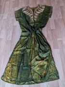 Letnia długa jedwabna suknia boho, afrykańska tunika zielona złoty haft XL