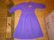 Sukienka plisowana fioletowa lila z wzorem haftem PRL vintage długa