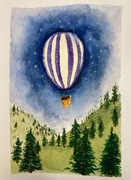 "Nocne Wzejście" Balon na ogrzane powietrze - akwarela - bez ramy A5