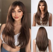 Peruka długa prosta brąz z refleksami naturalna grzywka 50 cm