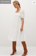 Biała sukienka midi z bufkami falbaną z bawełny przewiewna Mango S 36