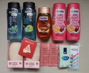 Duży Zestaw kosmetyków płatki pęsety żele pod prysznic olejek Isana MASAŻER