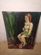 Stary obraz olejny kobieta siedząca i martwa natura 