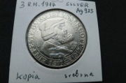 Srebrna Oficjalna kopia najrzadszej monety Niemieckiej 3 RM 1917