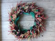 Jesienny świąteczny wianek 34cm  bordo beż róż zieleń Boho Eco naturalny