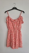 Krótki czerwony kombinezon w kwiatki na ramiączkach z falbankami, XS/S