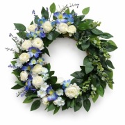 Wianek dekoracyjny na drzwi wiosenny stroik rękodzieło biało-niebieski