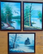 Krajobrazy z jeziorem, olej, płyta.