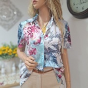 Wielokolorowa koszula w kwiaty L | krótki rękaw | perłowe guziki