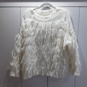 Sweter kremowy włoski sweterek ecru z frędzelkami wełna moher oversize