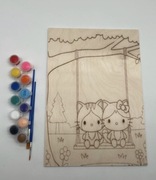 Kolorowanka z kotkami w drewnie rozmiar A4 z 2 pędzelkami 12 farbkami