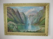 Obraz ORYGINAŁ. Stary Obraz. Ręcznie malowany na płótnie. Ramy złote