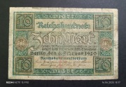Stary banknot Niemcy 10 marek 1920 rok 