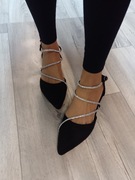 (42/43) Czarne, bogato zdobione baleriny wieczorowe z zapięciem, NOWE 