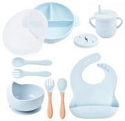 Zestaw obiadowy dla dziecka silikonowe naczynia talerz kubek drewniane