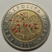 5 zł 2021, destrukt, laminacja stempla w wielu miejscach
