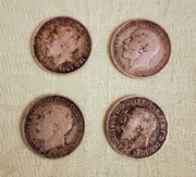 Antyk 4 srebrne monety 3 pensy Wielka Brytania lata 1913, 1916, 1918, 1919 