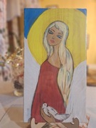 Obrazek na desce-anioł z gołąbkiem