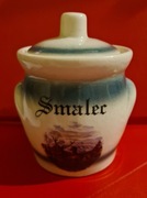 Ceramiczne naczynie na smalec i kubek beczka,  zdobione, zwierzęta leśne