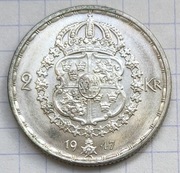 #2916 Szwecja 2 korony 1947 srebro UNC