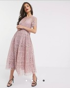 ASOS DESIGN – Różowa koronkowa sukienka midi z kokardą, rozmiar S(36)