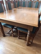 Stół dębowy rozkładany + ława i 12 krzeseł