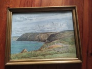 Ręcznie malowany obraz- francuskie wybrzeże, drewniana rama za szkłem