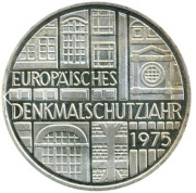 Srebrna moneta 5 marek - Europejski Rok Ochrony Zabytków 1975. Czytaj opis.