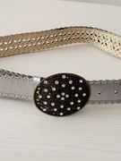 Vintage pasek z metalową klamrą z cyrkoniami  srebrny ażur 