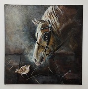 Obraz olejny „Spotkanie ” portret konia oryginał Włodarczyk 25x25 prezent
