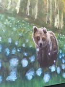 Spotkanie Obraz Olejny 60x80 Niedźwiedź Las Kwiaty Mgła Moc Dmuchawce