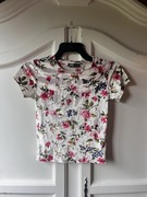 Aksamitna bluzka w kwiaty, krótka, XS