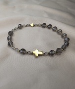 Bransoletka różaniec kamienie kwarc dymny krzyżyk serduszko prezent