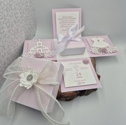 Exploding box Chrzest Święty dziewczynki kartka premium pudrowy róż kokarda