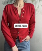 Sweter rozpinany złote guziki kardigan wool 100% wełna m l czerwony