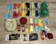 Zestaw, duża ilość wstążek, sznurków, kwiatków itp