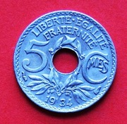 5 Centymów  1934 r  -  Francja    Gałąź oliwna    