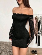 Damska sukienka mini z odkrytymi ramionami i długim rękawem z koronki