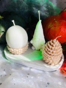 Zestaw świec, świeczek - krasnal, żołądź i szyszka na podstawce