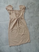 sukienka midi beżowa bufiaste rękawki na lato lyocell M L