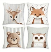Urocza poszewka na poduszkę, boho, lis, sowa, sarna, miś, 45x45cm, 4szt.