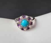 Pierścionek srebro 925 rodowane, turkus, ametysty, perły
