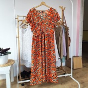 Sukienka midi 44 XXL maki mak kwiaty kwiatki czerwona falbanki krótki rękaw