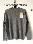 Nowy 100% wełna merino szary sweter crewneck dzianinowy klasyczny old money