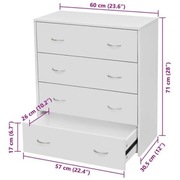 Komoda z 4 szufladami, 60 x 30,5 x 71 cm, biała