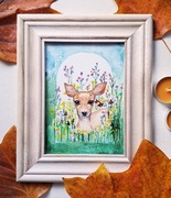 Piękna Akwarela Oryginał, sarenka na łące, w ramie A5, las, rośliny, obraz