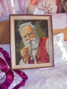 duzy haft gobelinowy-  reczna praca-senior z fajką