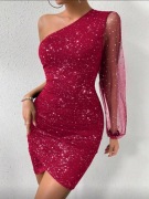 Sukienka mini na jedno ramię – Brokat i siateczka (Wzór gwiezdnego pyłu)